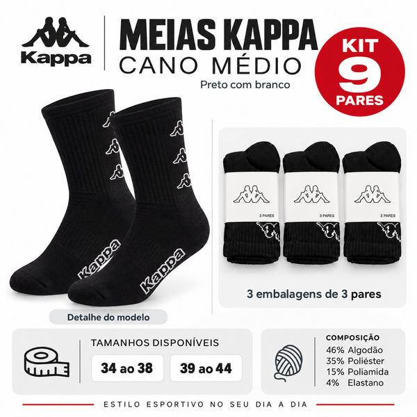 Kit 09 Pares Meias Kappa Algodão Cano Médio Conforto Original