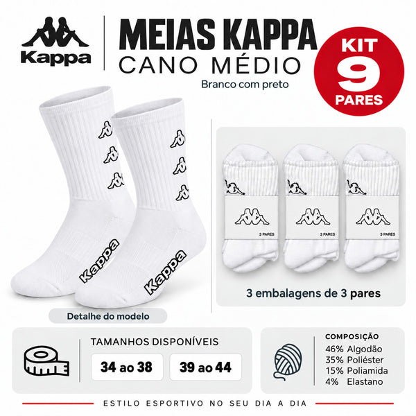 Kit 09 Pares Meias Kappa Algodão Cano Médio Conforto Original