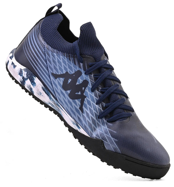 Chuteira na cor azul escuro com detalhes em branco, perfeita para atletas e corredores, com cadarços na parte superior e sola antiderrapante.