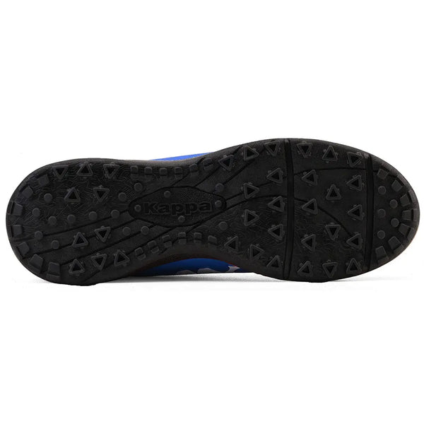 Sola da chuteira azul com design antiderrapante e detalhes em triângulo, ideal para atividades físicas, marca Kappa presente na sola.