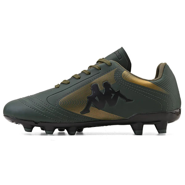 Imagem de chuteira de futebol moderna verde com detalhes dourados e solado preto, ideal para jogadores que buscam conforto e desempenho em campo.