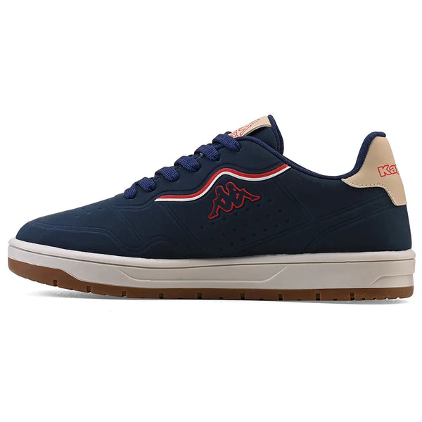 Tênis Kappa azul marinho com detalhes vermelhos e brancos, composição confortável e estilo casual para o dia a dia.